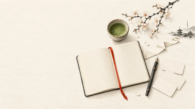 Ilustrasi buku belajar terbuka, pena, kartu kosakata, dan teh matcha di atas kertas krem.